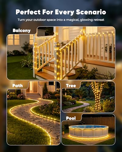 Brightown Solar Rope Lights, 39FT 100LED Outdoor Solar String Lights, IP65 Waterproof Solar Powered Fairy Lights with 8 Lighting Modes for Party Garden Patio Pool Backyard Tree Decoration, Warm White - color: Warm White, size: 100 LED