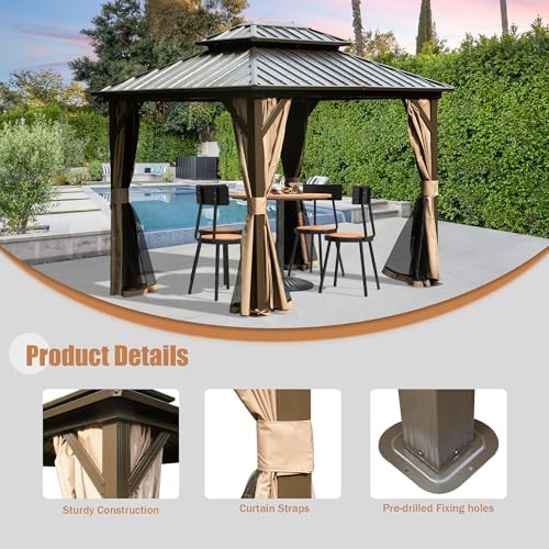 Domi 8' x 10' Hardtop Gazebo, Outdoor Metal Gazebo for Patios with Galvanized Steel Double Roof, Heavy Duty Curtains and Netting Included, Permanent Pergola for Backyard, Garden Lawn, Brown - color: Brown, size: 8'×10' Double Roof