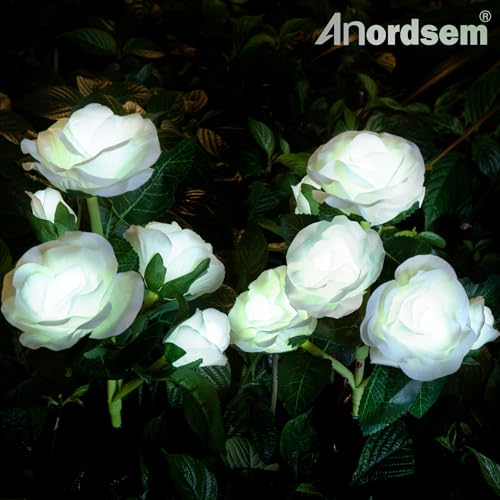 Anordsem Solar Garden Lights Outdoor: 20 Waterproof Fabric Roses 4 Pack - White LED Flower Decorations for Yard Patio Path Cemetery Grave - Birthday Gifts for Women Mom Wife - color: White, size: 4 Pack