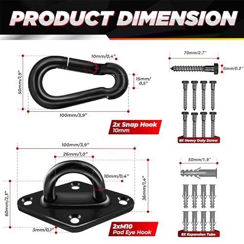 [Upgraded] 1700 lb Capacity 2PCS M10 Stainless Steel Pad Eye Hooks+2PCS 10MM Snap Hook + 8PCS Heavy Duty Screws for Hammock Hanging Kit, Swing Hanging, Wall/Ceiling Mount, Indoor & Outdoor