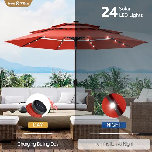 Sophia & William 10ft Patio Umbrellas 3-Tier Umbrella Outdoor Patio Umbrellas with Lights Vented Top 24 LED lights Adjustable Tilt for Pool Garden Backyard, Red - color: Red