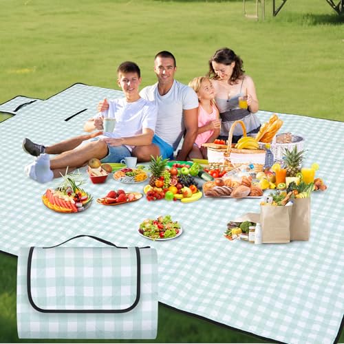 80" x 100" Extra Large Picnic Blankets Beach Mat Sandproof Waterproof Foldable Oxford Blanket Beach Mat Picnic Stuff for Family Camping Hiking Party Park Grass (Green and White,Plaid) - color: Green and White, style: Plaid