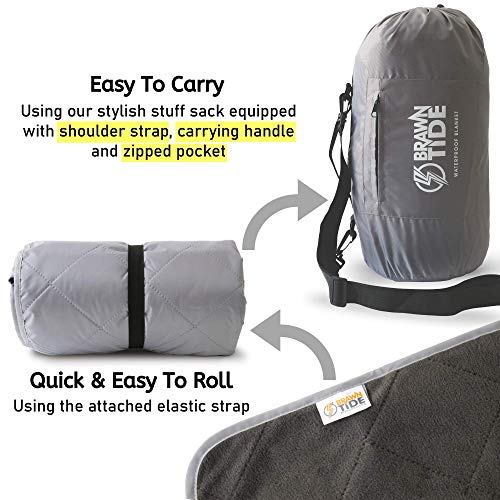 BRAWNTIDE Large Outdoor Waterproof Blanket - Extra Thick Fleece, Warm, Windproof, Sandproof, Quilted, 82" x 55", Ideal for Beaches, Picnics, Camping, Stadiums, Dogs, Car - color: Gray