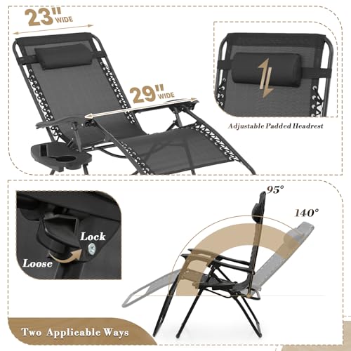Athena Collection Zero Gravity Outdoor Lounge Chair Set of 2 with Side Table, 29" Width Pool Lounge Lawn Chairs Reclining with Cup Holder, Outdoor Chaise for Beach Patio Backyard Outside, Blue - color: Black, style: 29" Width