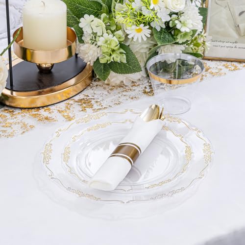 U-QE 100PCS Clear Gold Plastic Plates - Disposable Heavy Duty Clear Plates with Gold Rim Including 50PCS 10'' Dinner Plates & 50PCS 7.5'' Dessert Plates Perfect for Party, Weddings - color: Clear Gold