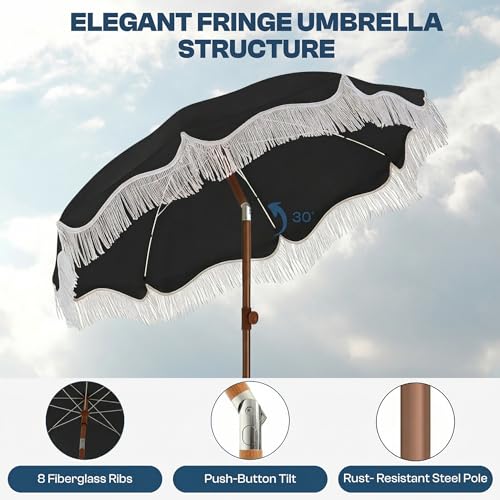 7ft Patio Umbrella with Fringe, Boho Beach Umbrellas, Outdoor Tassels Umbrellas with Push Button Tilt & Carrying Bag, 8 Windproof Fiberglass Ribs, UPF50+ - color: Black