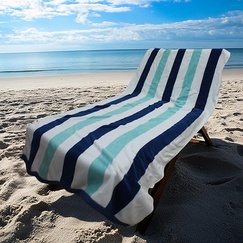 COTTON CRAFT Oversized XL Beach Towel - 2 Pack 39 x 68 inches Big & Huge Beach Blanket Towel - 100% Cotton Velour Thick Plush 450 GSM Super Soft Luxury - Pool Picnic Bath Towel - Cabana Stripe Blue - color: Ocean Blue, size: 2 Pack - 39x68
