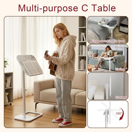 GOYLSER Adjustable Height Sofa C Table, 360° Swivel/180° Flip-Over Panel Side Table with Tablet Slots for Small Spaces, Morden TV Tray Couch Tables for Dinner Eating (White Marble) - color: White Marble, style: Tilt C Table