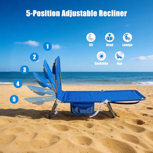 SUNNYFEEL Lay Flat Tanning Chair with Face Down Hole & Arm Slots, Backpack Beach Lounge Chair, 5-Position Folding Sunbathing Chair, 300 LBS Heavy Duty, 72" L x 22" W for Beach, Pool, Camping - color: Blue, size: Standard -1pcs
