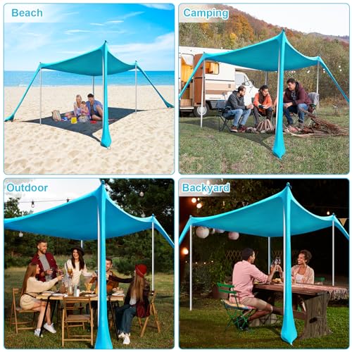 Beach Tent - 10 x 10 FT Beach Canopy, Outdoor Shade Canopy for Camping, Portable Beach Tent Sun Shelter UPF50 with 4 Sandbags, Anti-Wind Ropes, Ground Pegs and Stability Poles, Light Blue - style: 10*10 FT 4 Pole-Light Blue
