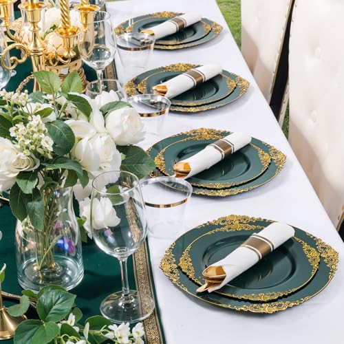 Nervure 350PCS Green Plastic Plates - Green Gold Plastic Dinnerware Sets for 50 Guests - 100 Disposable Plates, 150 Gold Silverware, 50 Cups, 50 Napkins Perfect for Wedding & Party - color: Green and Gold