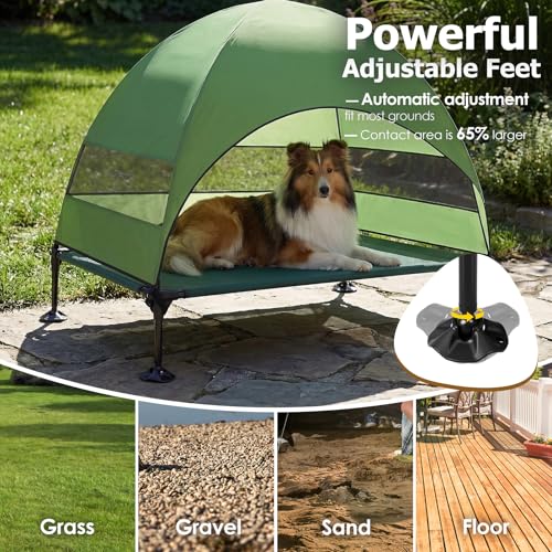 Elevated Dog Bed with UV-Proof Canopy, Outdoor Dog Tent with Powerful Adjustable Feet, Portable Pet Cot with Wider Shade, Raised Cooling Bed for Camping, Patio, Beach, Poolside - color: Green, size: Large: 42.0"L x 30.0"W x 33.0"Th
