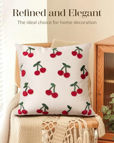 Embroidered Throw Pillow Cover 18x18 Inch - Spring Summer Boho Decorative Pillow Cover with Zipper for Living Room Couch Sofa Bed Aesthetic Design Little Cherry Cushion Pillowcase - color: Little Cherry, size: 18" x 18" (Pack of 1)