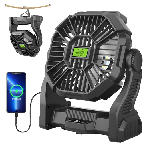 Rechargeable Portable Camping Fan for Tent with LED Light, 270°Pivot USB Personal Battery Powered Fan Outdoor Camping Essentials Battery Operated Portable for Travel X23 Black - color: Black