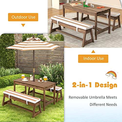 KOTEK Kids Picnic Table with Umbrella Foldable, Backyard Wooden Table & Bench Set w/Removable Cushions, Activity Art Play Table, Indoor Outdoor Toddler Picnic Table for Patio, Lawn & Garden (Brown) - color: Brown