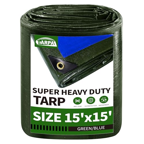 TARPAL 15x15 Tarp Heavy Duty Waterproof Tarp 16mil Thick Tarps with Metal Grommets Every 17.7" UV Protection&Tear -Resistant Cover for Firewood,Roof,Pool,Car,RV&Outdoor Furniture（Green/Blue） - color: Green/Blue, size: 15x15 Feet-Finished size