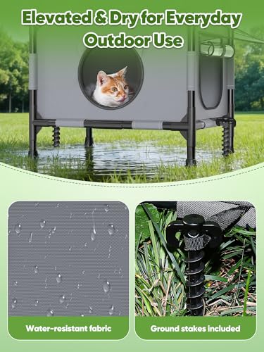 Rywell Outdoor Cat House Elevated 2-Tier Outdoor Cat Shelter with Canopy, Multi-Level Raised Platform, Outside Cat House with Breathable Mesh & Reversible Pad for Multiple Cats