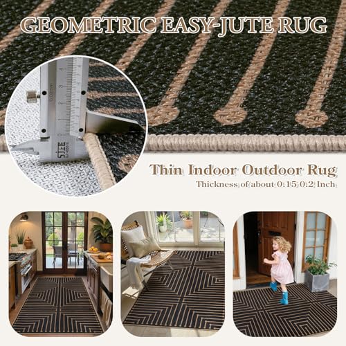 Lahome Neutral Geometric 3x5 Easy Jute Rug, Washable Rugs for Bedroom Entryway Outdoor Patio Porch Carpet, Farmhouse Rhombus Non Slip Non Shedding Black Carpet for Kitchen Entrance Balcony - color: Black/Nature, size: 3x5