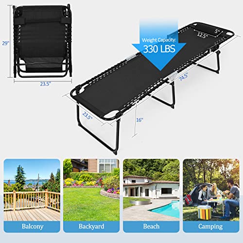 GYMAX Lounge Chairs for Outside, Extra High Folding Beach Tanning Lounger with 4-Level Adjustable Backrest, 2-Level Footrest & Removable Pillow, Sunbathing Lounge for Patio, Lawn, Poolside (1, Black) - color: Black