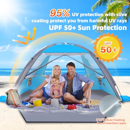 Happy Travel Beach Tent, UPF 50+ UV Protection Sun Shade Shelter for 3/4/5/6/7/8 Person, Portable Beach Canopy for Family & Baby, Lightweight & Easy Setup Beach Cabana with 3 Ventilation Mesh Windows - color: Sky Blue, size: 4 Person