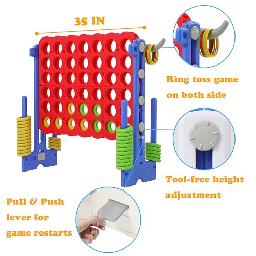 SDADI Height Adjustable Giant 4 in a Row Connect Game, 2-in-1 Jumbo 4-to-Score Game with Ring Toss Game Set, Indoor Outdoor Yard Game Party Game for Kids Adults and Family, Blue - color: Blue