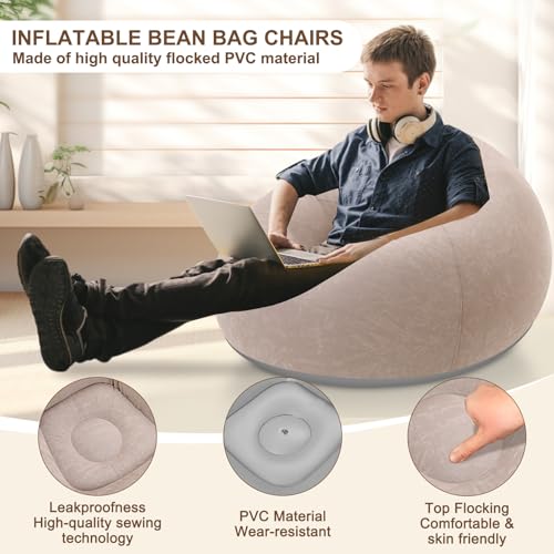 Lunmon 2 Pcs Small Bean Bag Chair Inflatable Chair Blow up Games Sofa Foldable Flocking Inflatable Lazy Sofa Portable Blow up Lounger for Living Room Bedroom (Brown) - color: Brown