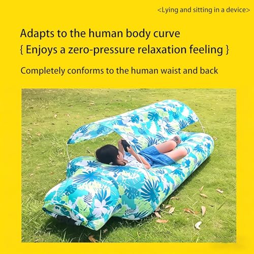 Inflatable Air Lounger with Sun Shade - Camping Air Sofa, No-Pump Blow Up Couch for Outdoor, Portable-Air Hammock, Lightweight Waterproof Fabric for Hiking Picnic Vacation Backyard Seaside - color: Green