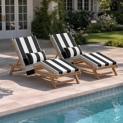 Crestlive Products Foldable Outdoor Chaise Lounge Cushions with Head Pillow and Side Pockets, Water Resistant & Fade Resistant Lounge Chair Cushion, 72''L x 21''W, Set of 2, Black Stripe - color: Stripe|black&white, size: 72"l X 21"w