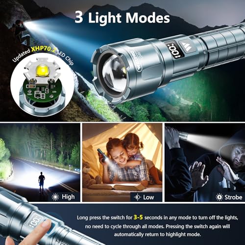 WdtPro LED Rechargeable Flashlight 2 Pack, 3 Modes Super Bright High Lumens Flashlights, Zoomable Tactical Flash Light with LCD Display, IP65 Waterproof Flashlights for Home Emergency Camping - Grey - color: Gray