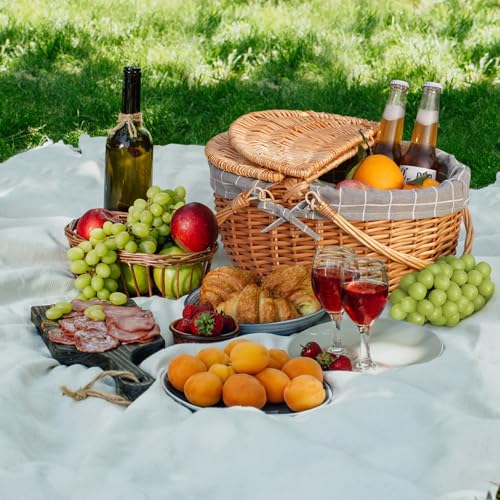 Happypicnic Wicker Picnic Basket with Handle, 15" Large Empty Picnic Basket with Lid & Removable Liner, Vintage Hand Woven Basket for Picnics, Camping, Veg Picking, Mother's Day, Thanksgiving (Check) - color: Grey Check, size: Large