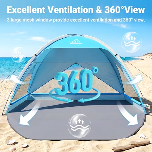 Wolfwise Large Beach Tent Sun Shelter for 3-4 Person, Spacious Sun Shade UPF 50+ UV Protection, Extendable Floor for Privacy, 3 Ventilated Mesh Windows, Portable with Carrying Bag, 95 ″x65″x55″, Blue - color: Blue