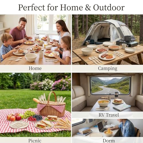 SHECIPIN 42-Piece Wheat Straw Dinnerware Set, Large Round Plates, Bowls and Cups, Unbreakable dish set, Dishwasher and Microwave Safe, Outdoor Dishes (Beige) - color: Beige
