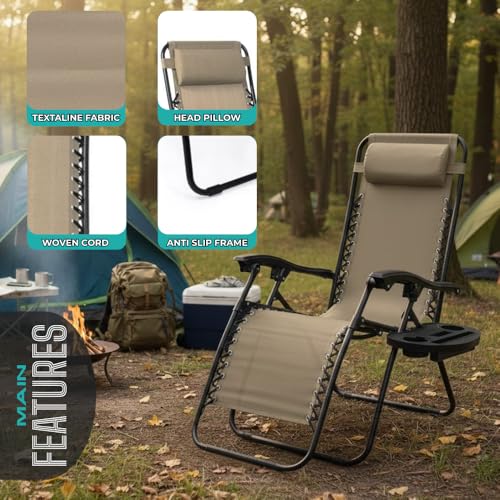Amazing for less (2-Pack) Zero Gravity Lounge Chair Adjustable Outdoor Reclining Chair Folding Patio Anti-Gravity Indoor Outdoor Lounge Chair w/Pillow, Cup Holder (Two Chairs - Beige) - color: Two Chairs - Beige