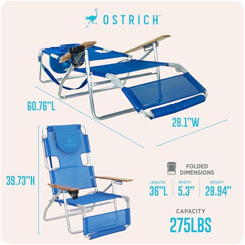 Ostrich the Original 3N1 Lightweight Beach Reclining Lounge Chair with Footrest, Outdoor Furniture for Patio, Balcony, Backyard, or Porch, Blue - color: Blue, style: Standard 3N1