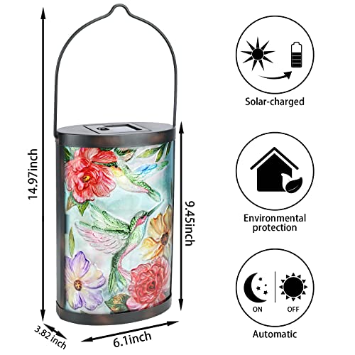 Hanging Solar Lantern Outdoor Waterproof LED Hummingbird Solar Lights Outdoor Decorative Solar Lanterns Tabletop Lamp for Patio Garden Yard Decor - style: Hummingbirds-Flowers