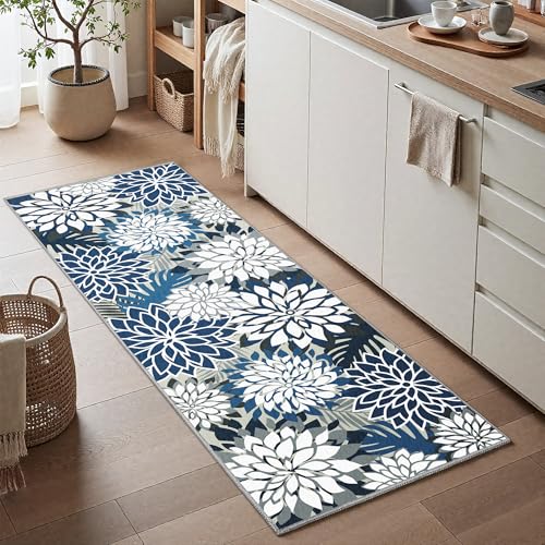 2x6 Washable Runner Rug for Hallway Tropical Botanical Modern Floral Chenille Kitchen Rugs Low Pile Non Slip Carpet for Patio, Bedroom, Laundry, Blue - color: Blue White, size: 2' x 6' (Rectangular)