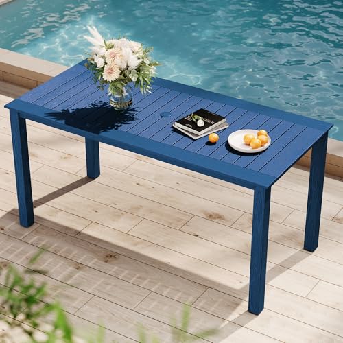 YEFU Outdoor Dining Table for 6: All Weather Rectangular Patio Table with Umbrella Hole and Aluminum Frame - Outdoor Furniture for Outside Backyard/Garden/Pool/Porch/Deck, 300lbs Capacity, Blue - color: Blue, size: 1 Table