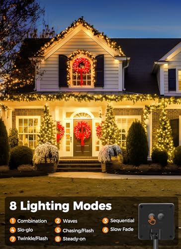 Minetom Solar String Lights Outdoor Waterproof- 40 FT 100 LED Solar Powered String Lights with 8 Lighting Modes, IP65 Waterproof Solar Christmas Lights for Outdoor Outside Tree Party Decor, Warm White - color: Warm White, size: 40 Ft 1pack