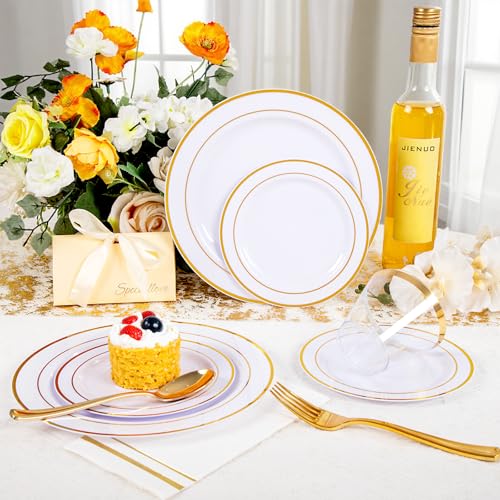 GATHER 176 Pieces Gold Dinnerware Disposable - White and Gold Plastic Plates Includes 50 Plates, 25 Plastic Silverware, 25 Napkins, 25 Cups and 1 Tablecloth for Wedding Party - color: Gold, size: 25 Guests