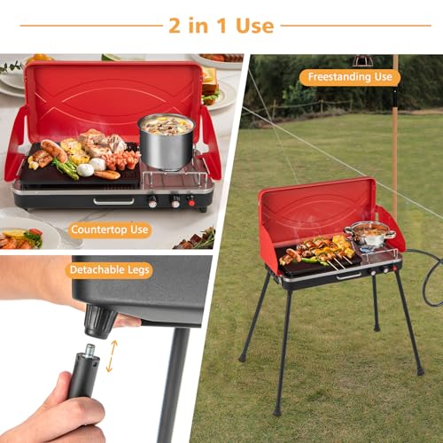 Giantex Portable Propane Grill & Camping Stove, 20,000 BTU Gas Camping Grill Burner, Independent Temperature Control, 3-Sided Wind Guard, Detachable Legs, for BBQ, Tailgating, Outdoor Cooking (Red) - color: Red