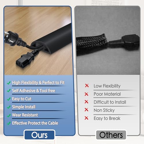 Floor Cord Cover for Wires on Floor Self Adhesive Cord Hider Floor Cable Management Wire Covers for Cords Protector Prevent Cable Trips Cord Cavity W 0.47" x H 0.27", Black, 3.3Ft - color: Black, size: 1.18 In x 3.3 Ft