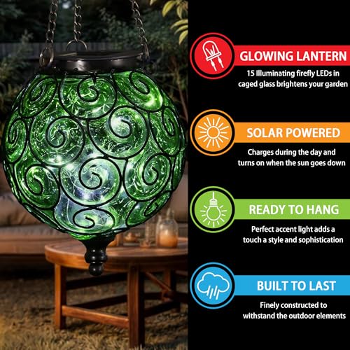 Solar Hanging Lantern Outdoor Garden Lights, Round Glass and Metal Hanging Lantern, 15 Firefly LED Lights, 7 x 20 Inch (Green) - color: Green