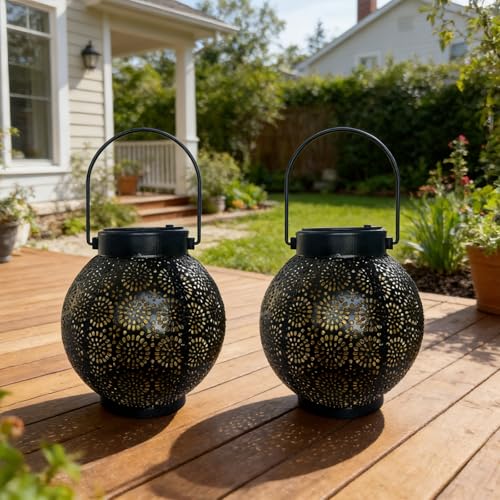 Solar Lanterns Outdoor Hanging 2 Pack, Waterproof Metal Garden Decor Lights, Dusk to Dawn Auto On/Off Solar Powered Lamp for Patio Porch Yard Pathway Tabletop (Classic Black Polka Dot) - color: Classic Black Polka Dot