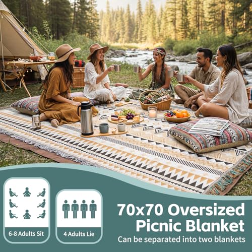 2 in 1 Extra Large Boho Beach Blanket Towel Giant Woven Outdoor Picnic Mat Camping Gear Cruise Essential 2025 Summer Vacation Must Have Airplane Travel Accessories Costa Rica Bahamas Hawaii Trip Stuff - color: Boho Brown