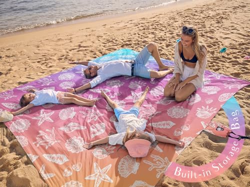 WEKAPO Beach Blanket Waterproof Sandproof Oversized, Extra Large Beach Mat Sand Free, Lightweight & Compact Sand Free Mat with 5 Stakes & 4 Corner Pockets - color: Gradient-pinkpurple Sea Shells, size: 8 x 7 FT (1～4 person)