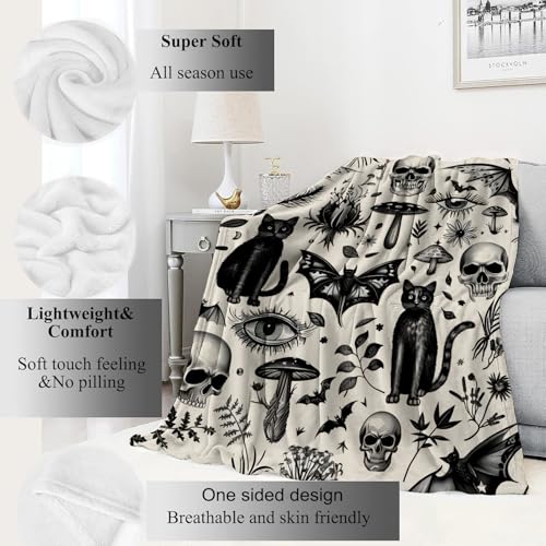 Spooky Goth Blanket Gothic Black Cats, Skulls, and Bats Throw Blankets Gifts for Girls Boys Adults Lightweight Soft Fleece Cozy for Sofa Couch Bed Room Travel Birthday Halloween Decor 50x60in - color: Gothic, size: 50x60in