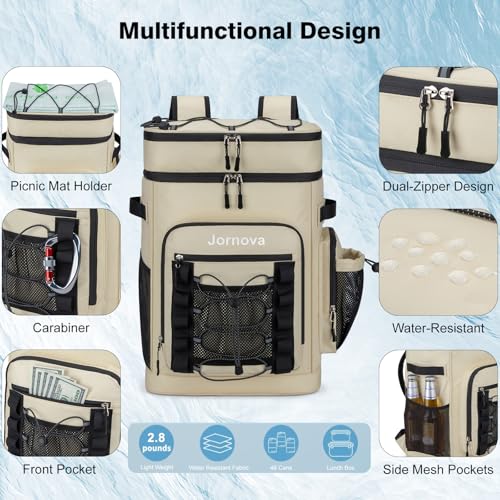 Insulated Cooler Backpack, 40L Leakproof Backpack with Double Compartments for Men & Women, Large Lunch Cooler for Camping, Beach, Travel, Picnic, Up to 48 Cans - color: Beige