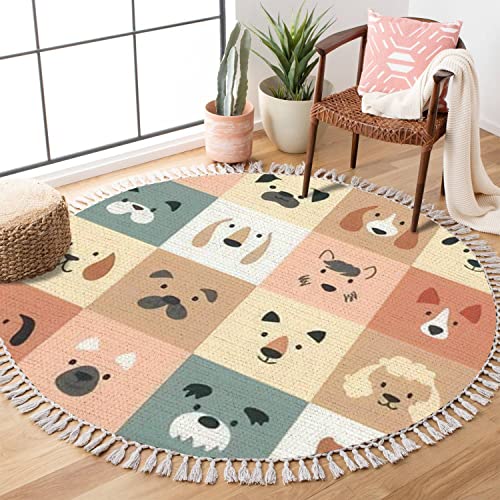 Round Boho Rug Cute Dogs for Kids and Baby Animals Nursery Poster for Greeting Cards Area Rug Linen Rug Carpet Patio Rug Hallway Runner Rug Mat Pad Minimalist Home Decor for Living Room Outdoor 3ft - color: Multi4, size: 3 ft