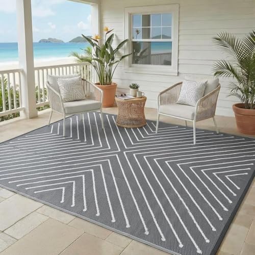 Garvee Grey 6x9 Striped Outdoor Rug Waterproof Reversible Straw Patio Carpet, Geometric Lightweight Foldable RV Camping Mat for Porch, Deck, Patio, Beach, Picnic Quick Gry&Easy to Clean, Grey&White. - color: Greywhite, size: 6' x 9' (Rectangular)
