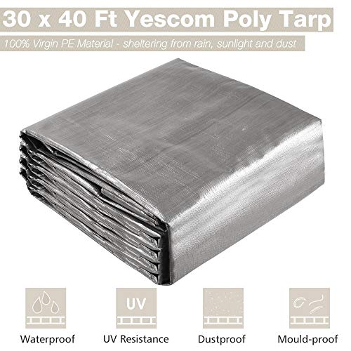 Yescom 30X40FT 14-Mil Plastic Tarp Waterproof Heavy Duty Tarpaulin with Eyelets Reversible Tear Resistant Shade Canopy Farm Green House Pool Cover - color: 14mil-1pc-silver, size: 30X40 Ft